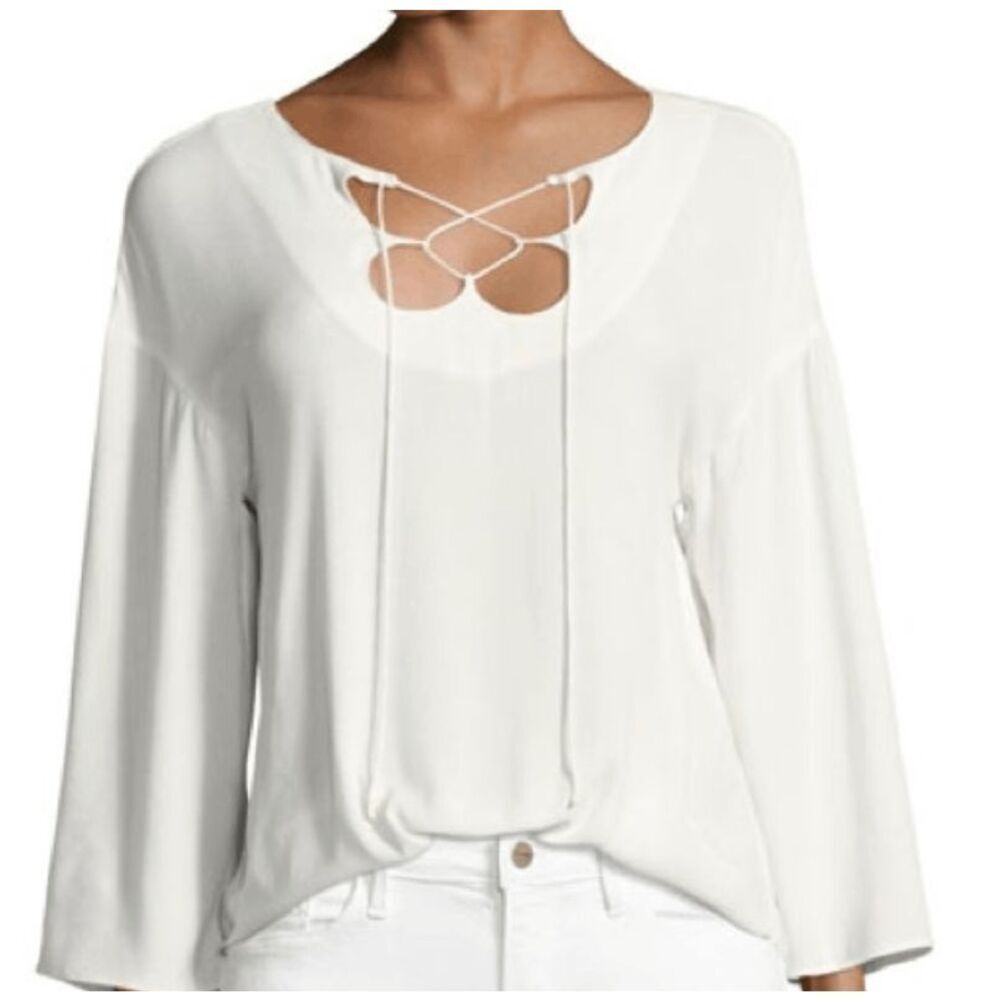 Frame Lace Up Blouse Long Sleeve‎ Lightweight Flowy Off White Large LWSH0323 Top